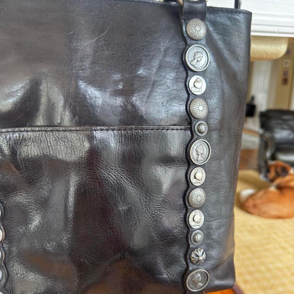 Patricia Nash Renaissance black leather tote silver tone coins braided strap - Picture 3 of 8